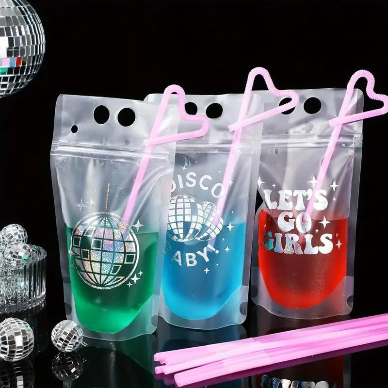 36 Sets 70s Disco Party Drink Pouches with Straws - Resealable Clear Plastic Zipper Bags for Adults, Sweet Juice & Cocktail Cups, Vibrant Colorful Design for Themed Parties, Festive Gatherings,