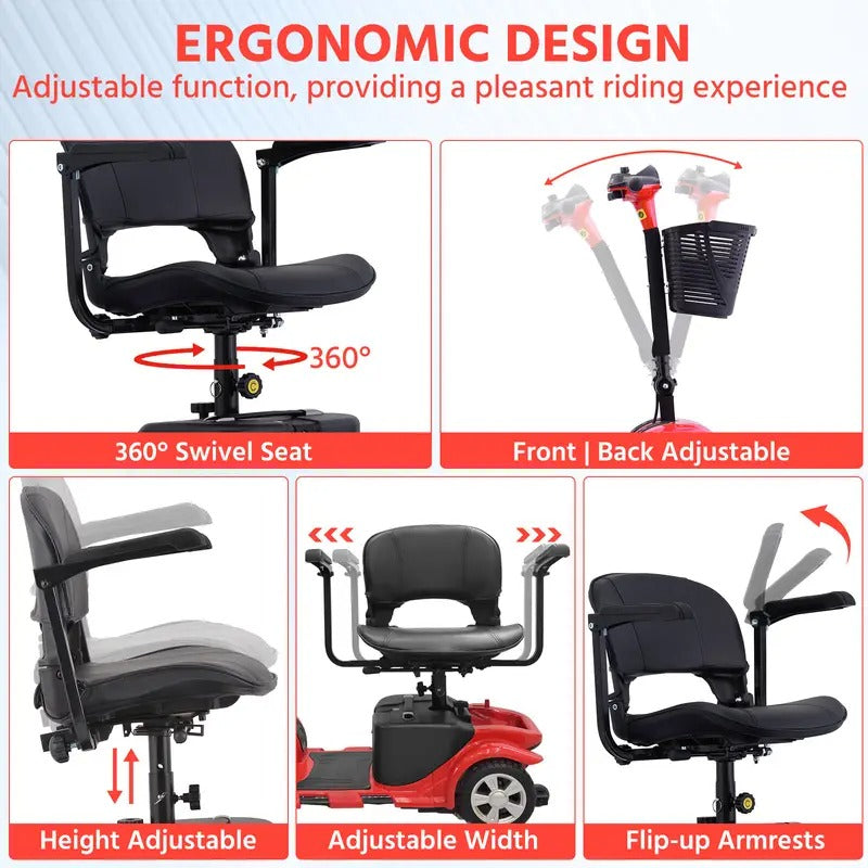 4-Wheel Folding Adult Mobility Scooter, Mobility Aid for Seniors, Weight Capacity 300 lbs, Range 10 Miles, Portable Electric Mobility Scooter with LED Headlights and Foldable