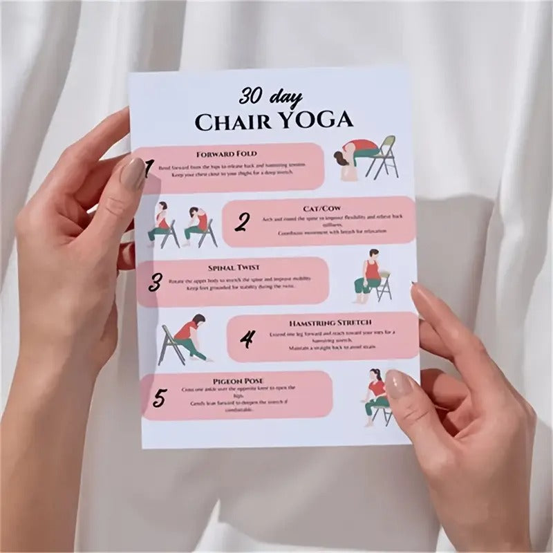 [2D Flat] 30-Day Chair Workout Poster Set - Full Body Exercise & Yoga Guide, Stretching, and Fitness Challenges, 6pcs, 8x10" Frameless, Paper Material,