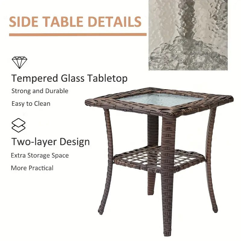 A Set Of 9 Hand-woven Wicker Outdoor Single Chairs, Featuring A High-backrest Sofa And Multi-functional Ottomans, Tempered Glass Small Side Table, High-quality Brown Wicker with Beige Cushions, An Ideal Choice for Outdoor Patio Conversation Sets