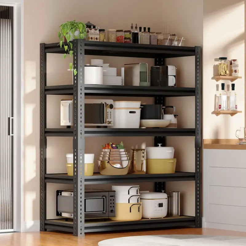 5-Tier Adjustable Metal Storage Shelves, 72"H Garage & Warehouse Shelving Units - Heavy-Duty Black Metal Frame with Multiple Compartments for Tools, Kitchen, Basement, Closet Organization, Garage Storage, Versatile