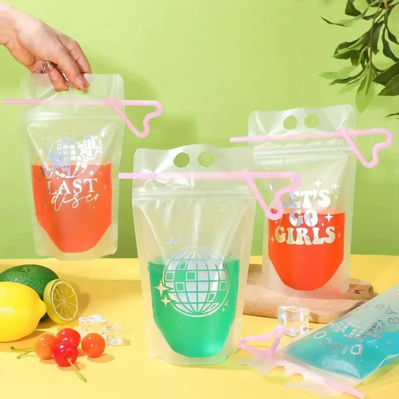 36 Sets 70s Disco Party Drink Pouches with Straws - Resealable Clear Plastic Zipper Bags for Adults, Sweet Juice & Cocktail Cups, Vibrant Colorful Design for Themed Parties, Festive Gatherings,