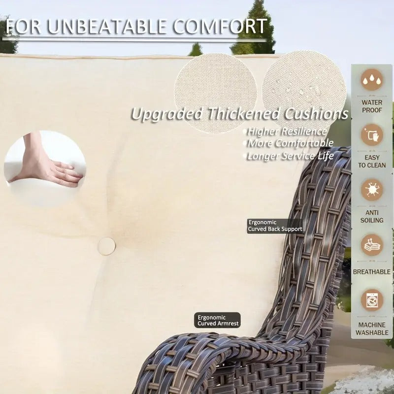 8pcs Hand-woven PE Wicker Outdoor 360° Swivel Rocking Chair, High Quality Cushions, Not Easy to Slide, with Small Side Table, Multi-purpose Outdoor Ottomans, with Storage Space,