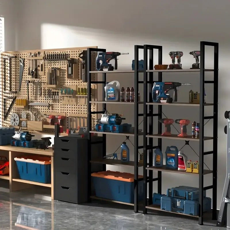 [5-Tier Metal Storage Rack] Heavy Duty 5-Tier Metal Storage Rack - Freestanding Industrial Organizer with Polished Brown Finish, Multi-Purpose Shelf for Garage, Home Office, Kitchen, Living Room - No Assembly Required