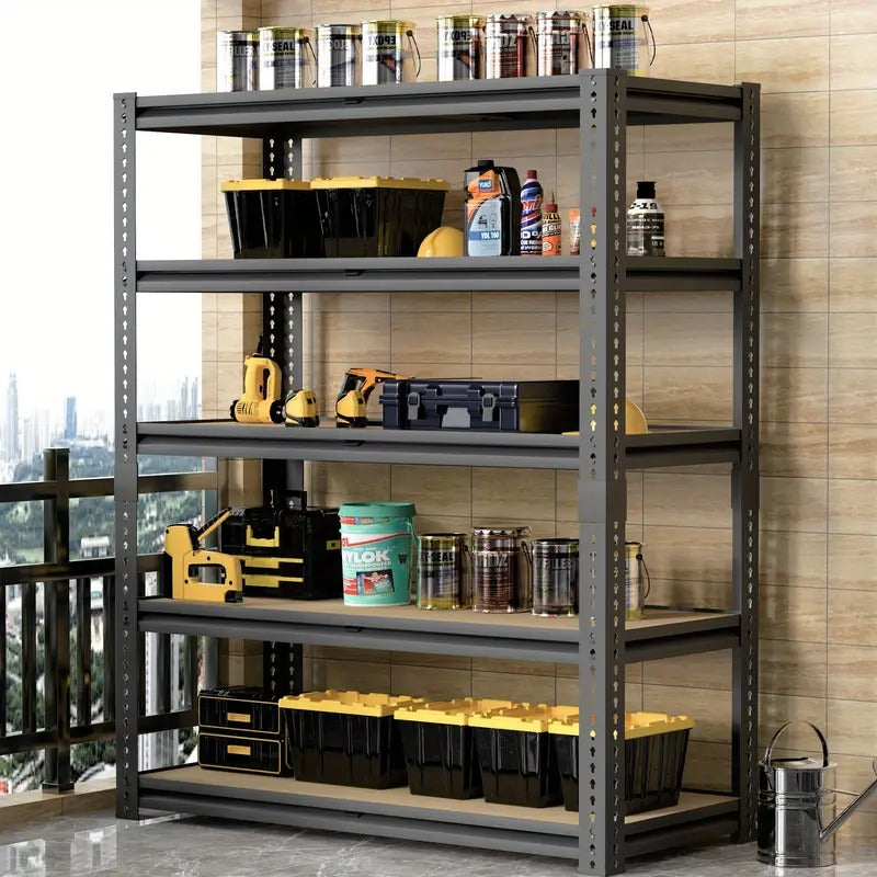 5-Tier Adjustable Metal Storage Shelves, 72"H Garage & Warehouse Shelving Units - Heavy-Duty Black Metal Frame with Multiple Compartments for Tools, Kitchen, Basement, Closet Organization, Garage Storage, Versatile