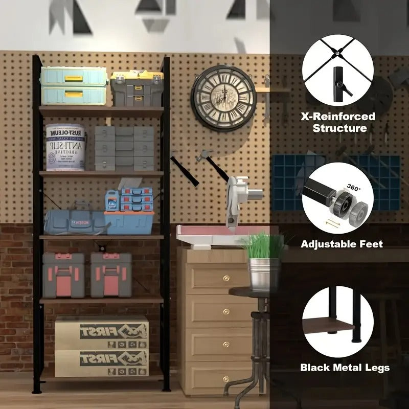 [5-Tier Metal Storage Rack] Heavy Duty 5-Tier Metal Storage Rack - Freestanding Industrial Organizer with Polished Brown Finish, Multi-Purpose Shelf for Garage, Home Office, Kitchen, Living Room - No Assembly Required