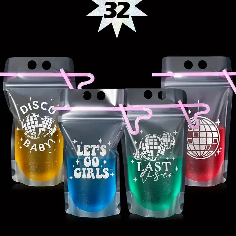36 Sets 70s Disco Party Drink Pouches with Straws - Resealable Clear Plastic Zipper Bags for Adults, Sweet Juice & Cocktail Cups, Vibrant Colorful Design for Themed Parties, Festive Gatherings,