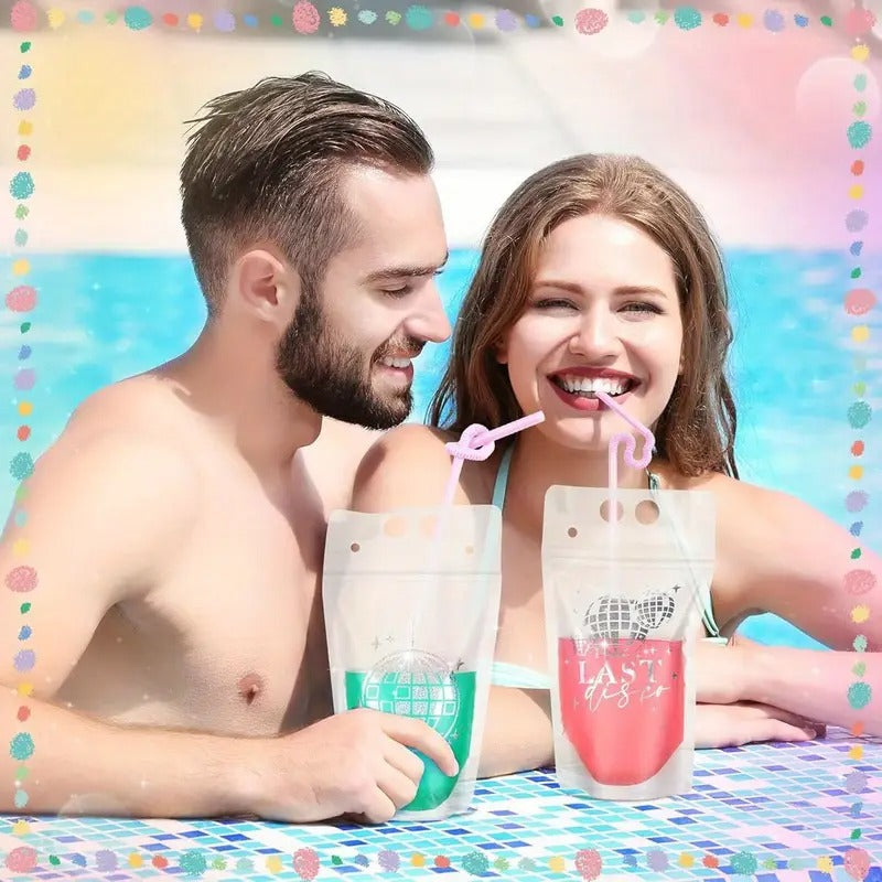 36 Sets 70s Disco Party Drink Pouches with Straws - Resealable Clear Plastic Zipper Bags for Adults, Sweet Juice & Cocktail Cups, Vibrant Colorful Design for Themed Parties, Festive Gatherings,