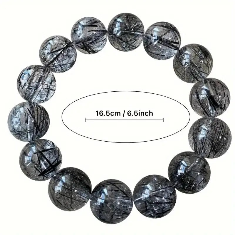 Natural Black Quartz Bead Bracelet - Hip-Hop Style Unisex Couple's Gift, Polished Glossy Beads for Year-Round Wear, Durable Everyday Jewelry for Him & Her