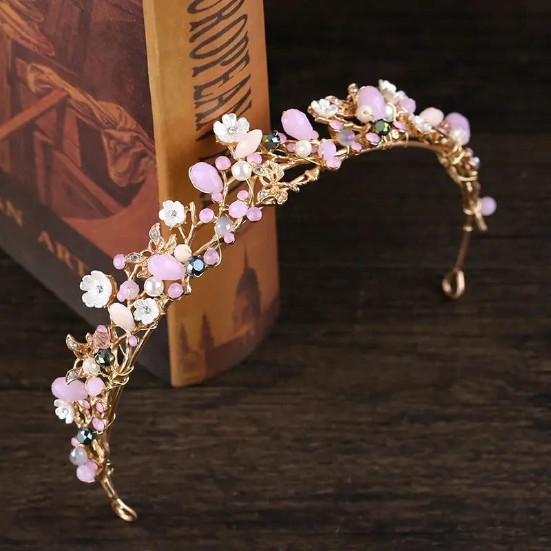 Pink Bridal Tiara Headband with Floral Gemstone Accents & Golden-Tone Metalwork - Elegant Wedding Hair Accessories for Brides, Prom, Special Occasions, Bride Accessories, Prom Hairpiece, Delicate Craftsmanship