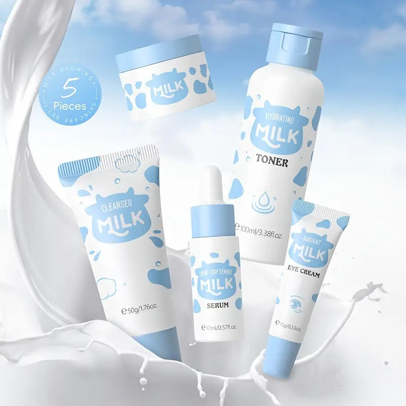 Milk Light Beige Care Set, Light Beige Care Routine Kit for Women, Travel Size Skincare Set with Milk Cleanser, Toner, Serum, Eye Cream, Face Cream, Skincare Gift Set, Mother's Day Christmas Birthday Gifts for Women Men