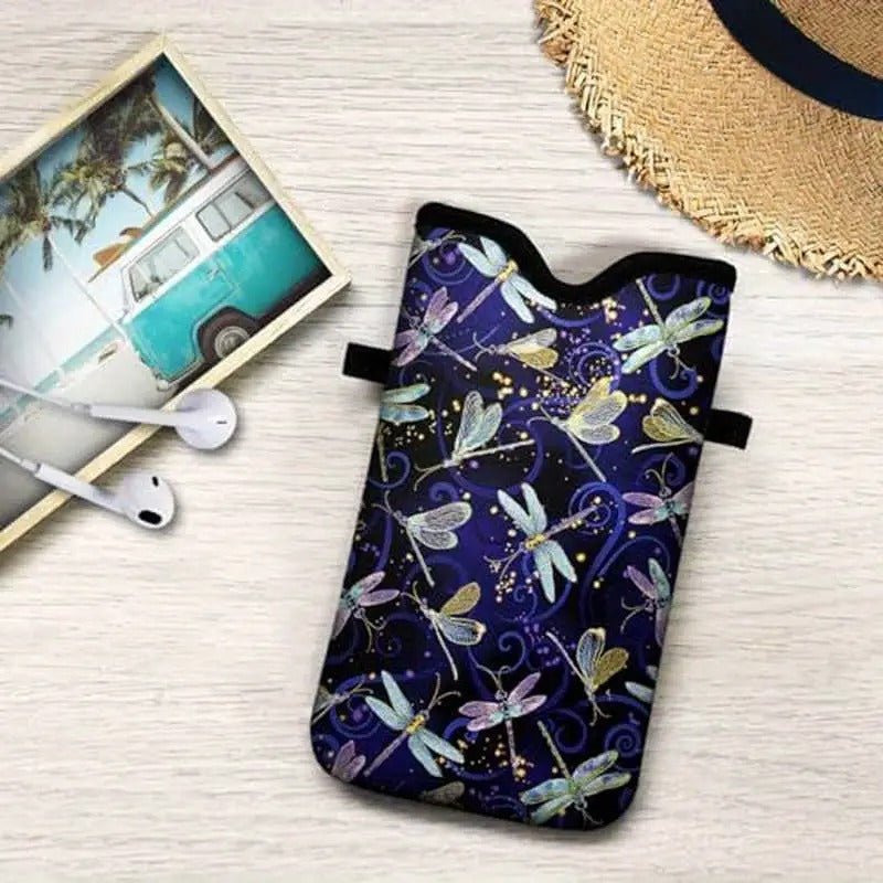 Universal Neoprene Mobile Phone Pouch 7.1 X 4 Inches with Crossbody Strap/Neck Lanyard Featuring a Dragonfly Design