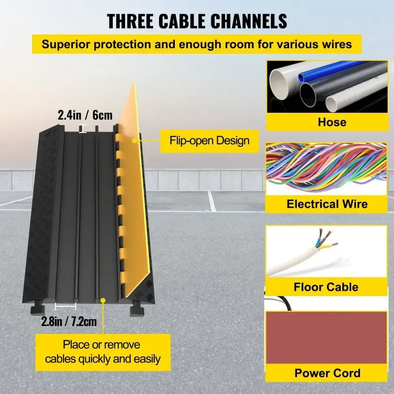 VEVOR 1 Pack of 3Channel Rubber Cable Protector Ramps Heavy Duty 44000Lbs Load Capacity Cable Wire Cord Cover Ramp Speed Bump Driveway Hose Cable Ramp Protective Cover