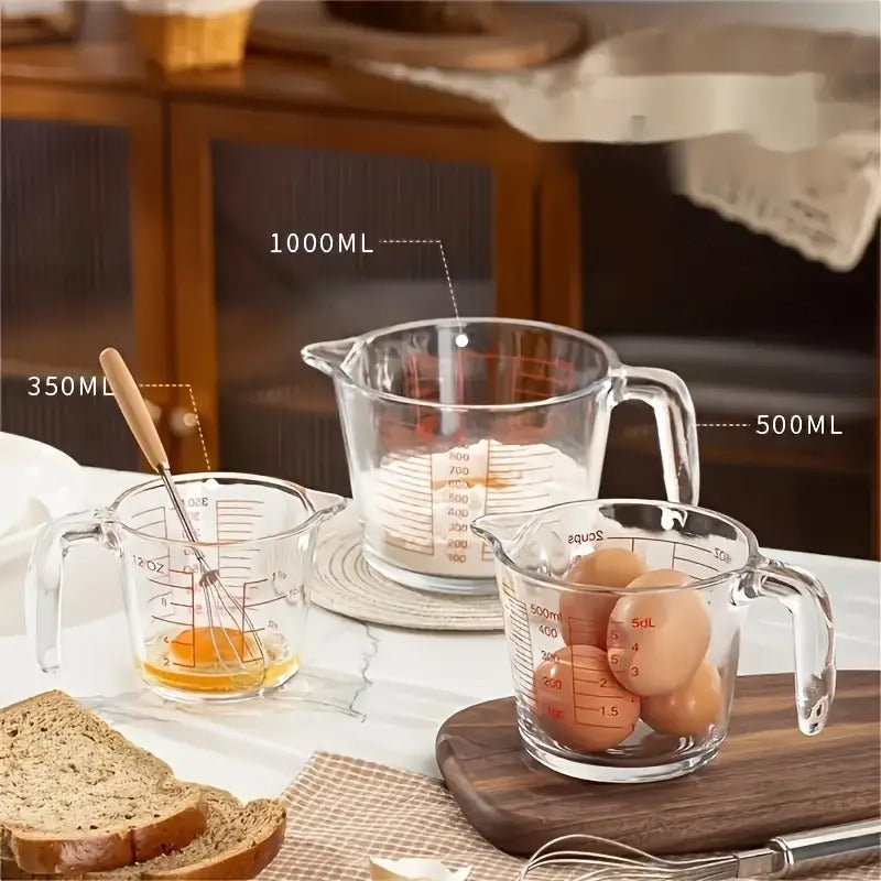 Three-piece Set Of Large-capacity Heat-resistant Thickened Glass Measuring Cup Microwave Heating Glass Scale Cup with Handle Breakfast Milk Cup Kitchen Baking 11.83oz 16.91oz 33.81oz Three Capacities