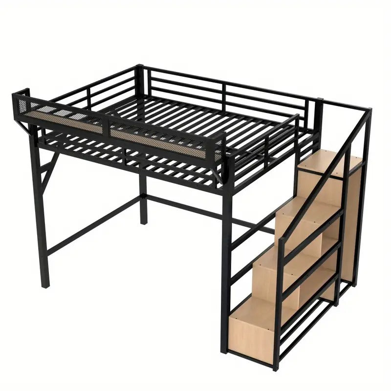 Queen Loft Bed with Built-in Wardrobe, Storage Stairs, Shelves - Heavy-Duty Metal Frame Loft Bed with USB Ports, Noise-Reducing Design, Space-Saving Bed Frame for Adults/Teens - Natural Wood finish