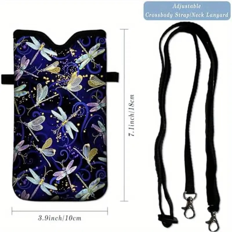Universal Neoprene Mobile Phone Pouch 7.1 X 4 Inches with Crossbody Strap/Neck Lanyard Featuring a Dragonfly Design