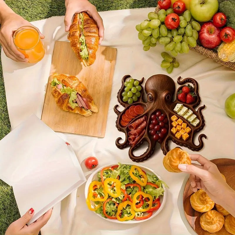 Octopus Shape Charcuterie Board- Wooden Material with Tentacle Grooves, Suitable for Appetizers, Cheese, and Meat- Elegant Seafood Serving Plate- Ideal for Parties, Snacks, and Cold Cuts- Kitchen and Dining