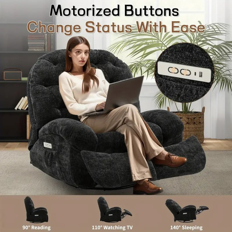[Electric Recliner] Comfortable Oversized Swivel Recliner Chair | Adult Electric Recliner with USB Port and Side Pocket Storage, Large Chenille Recliner