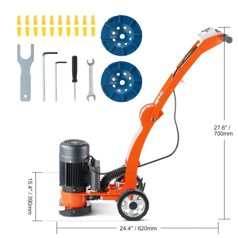 VEVOR Electric Concrete Floor Grinder 7" Walk-Behind Grinder 1.7HP Concrete Floor Polisher, 1300W Grinding Machine, 1720RPM Upgrade Brushless Motor Surfacing Grinder for Granite/Marble/Stones