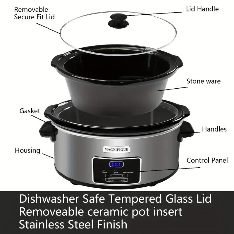 8-Quart Digital Programmable Slow Cooker with Timer - Small Kitchen Appliance for Family Dinners - Serves 10+ People - Heat Settings: Keep Warm, Low and High