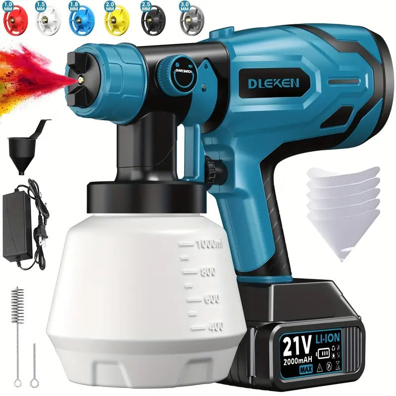 Cordless Paint Sprayer with 2000mAh Battery, 33.81oz HVLP Spray Gun with Cleaning & Blowing Joints, 6 Nozzles and 3 Patterns, Easy to Clean, for House Painting, Furniture, Cabinets, Fence, Walls, Doors Home Car Repair DIY
