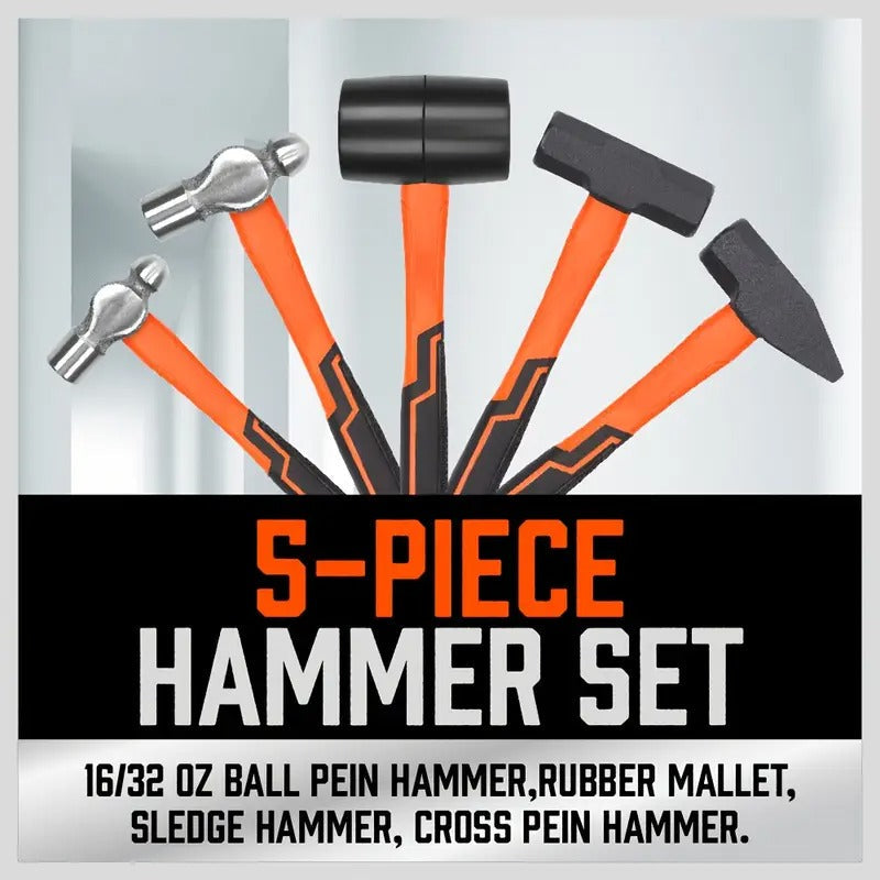 [5pcs HORUSDY Hammer] HORUSDY 5pcs Hammer Set | 16oz Ball Pein Hammer, 32oz Ball Pein Hammer, 32oz Rubber Mallet, 3lb Sledge Hammer, 3lb Cross Peen Hammer