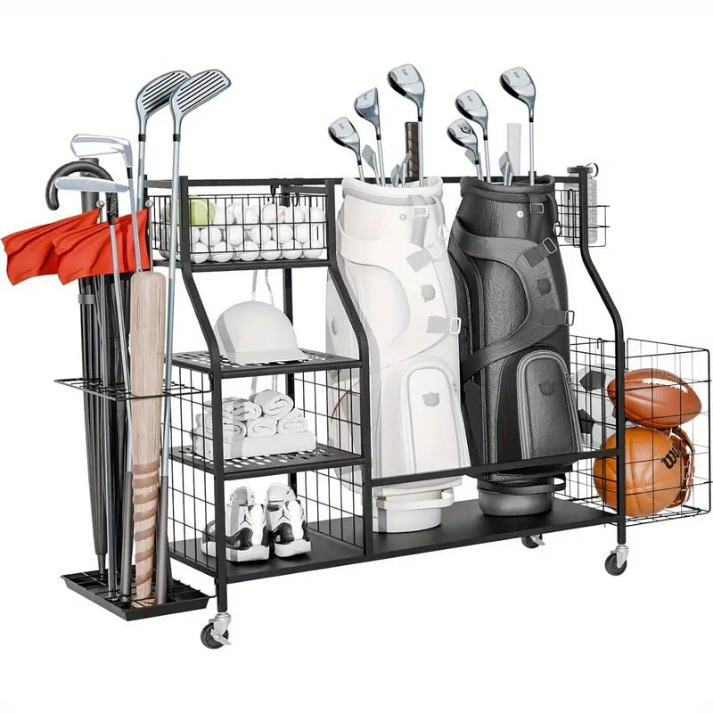 Golf Bag Storage Organizer, For 3 Golf Bags And Equipment Storage Rack With Wheels, Golf Bag Organizer With Side Storage For Golf Equipment Accessories