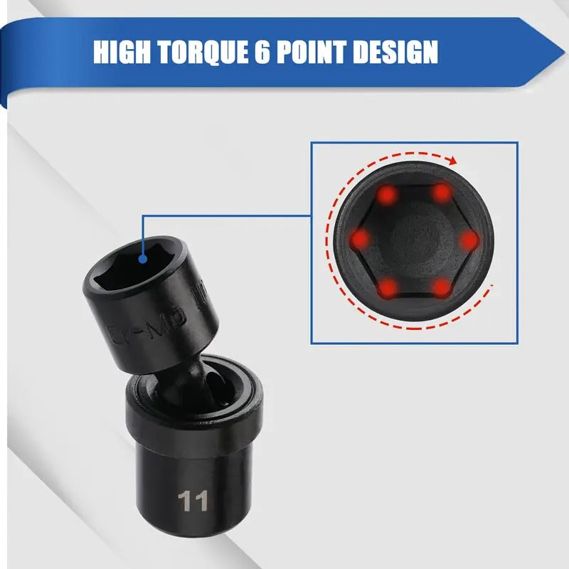 12pcs 1/4" Drive Metric Shallow Universal Impact Socket Set, 12pcs 1/4-Inch Drive Shallow Universal Impact Socket Set, Shallow, CR-MO, 6-Point, Swivel Socket with Flexible Wobble, Metric,