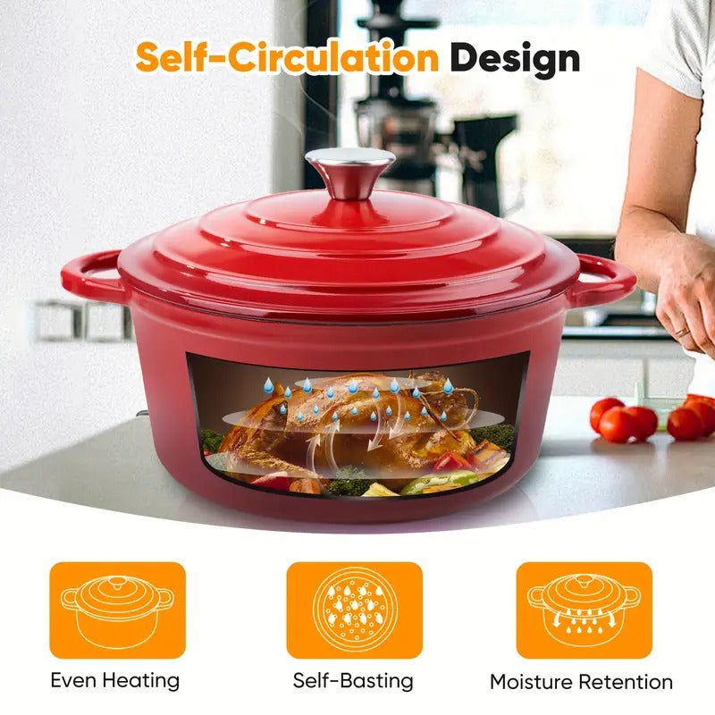 6 QT Enameled Dutch Oven Pot with Lid - Heavy-Duty Non-Stick Red Cookware, Dual Handles for Even Heat Distribution, Oven & Stovetop Safe - Ideal for Professional & Home Kitchen, Bread Baking, Roasting, Soups, Stews