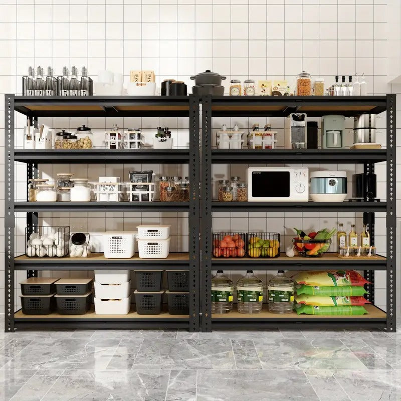 5-Tier Adjustable Metal Storage Shelves, 72"H Garage & Warehouse Shelving Units - Heavy-Duty Black Metal Frame with Multiple Compartments for Tools, Kitchen, Basement, Closet Organization, Garage Storage, Versatile