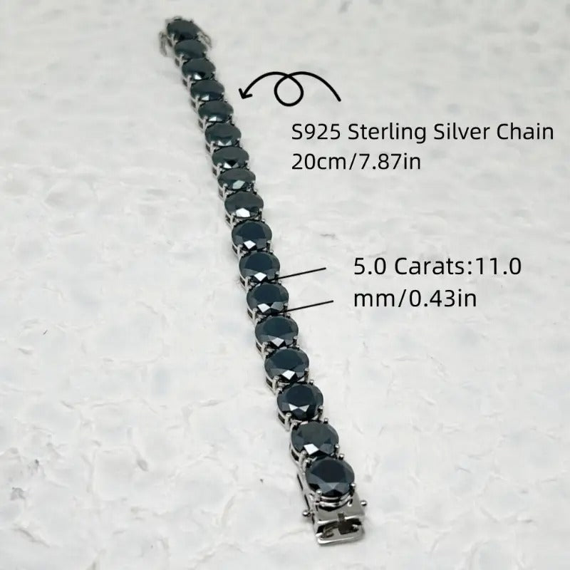 Preppy Style S925 Sterling Silver Bracelet With 85.0 Carat Black Moissanite Gems, 18K Gold Plated Link Chain, Luxurious 5.0 Carats Each Stone, Unisex Gift For
