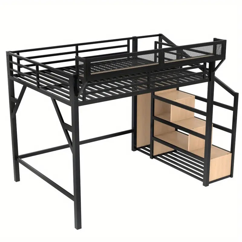 Queen Loft Bed with Built-in Wardrobe, Storage Stairs, Shelves - Heavy-Duty Metal Frame Loft Bed with USB Ports, Noise-Reducing Design, Space-Saving Bed Frame for Adults/Teens - Natural Wood finish