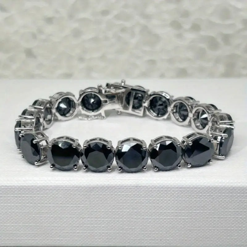 Preppy Style S925 Sterling Silver Bracelet With 85.0 Carat Black Moissanite Gems, 18K Gold Plated Link Chain, Luxurious 5.0 Carats Each Stone, Unisex Gift For
