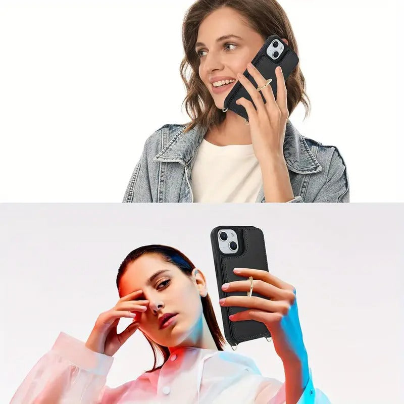 For Iphone 14 Case Designed for Women Featuring a Card Holder And Strap, Includes a Crossbody Lanyard, Ring Stand, Snap Clasp, And Fits 6.1 Inch Phones (Black).