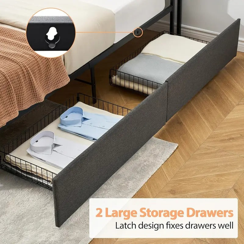 Full Size Bed Frame with 2 Storage Drawers, Linen Upholstered Platform Bed Frame with Storage Headboard And Charging Station, Heavy Duty, Easy to Assemble, No Box Spring Needed