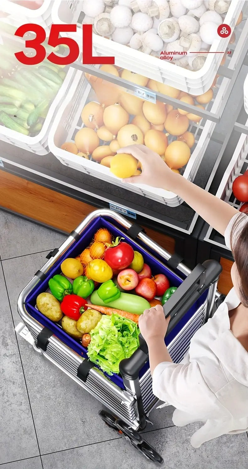 1pc Foldable 8-wheel Shopping Cart, Grocery Cart, Front Wheel With Brake, Rear Wheel Can Climb Stairs, Thick Aluminum Alloy Frame, Strong Load-bearing Capacity, Meets Daily Shopping, Transportation, Handling And Other Needs