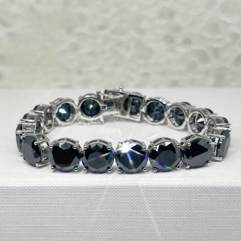Preppy Style S925 Sterling Silver Bracelet With 85.0 Carat Black Moissanite Gems, 18K Gold Plated Link Chain, Luxurious 5.0 Carats Each Stone, Unisex Gift For