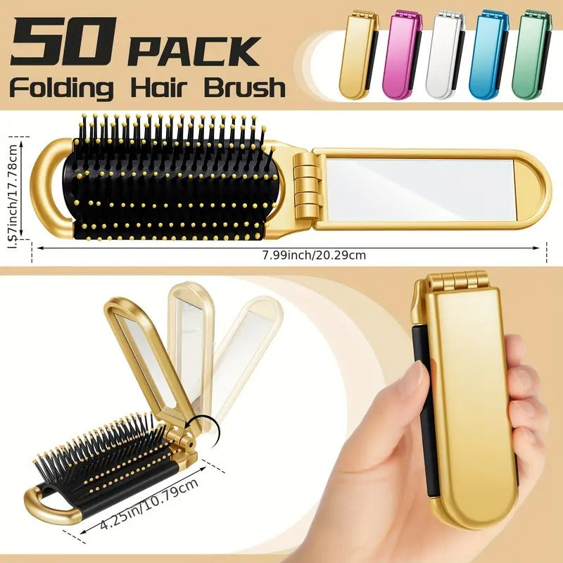 50pcs Travel Brush Compact Portable Folding Hair Brush with Mirror Bulk Pocket Size Mini Hair Brush for Men Women