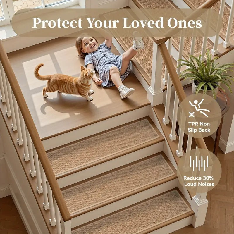 15pcs Beige Stair Step 8x30 Inch Non-Slip Rubber Bottom Thickened Design Suitable for Wooden Floors/Tile Steps Machine Washable Woven Fabric Ideal for Youngsters, Pets, and Seniors Indoor/Outdoor Use