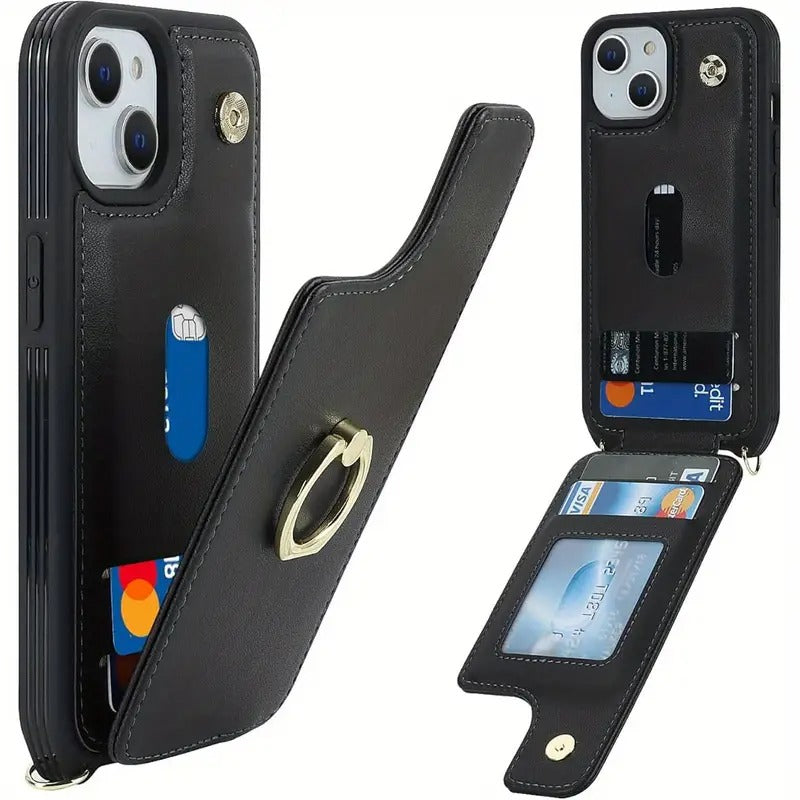 For Iphone 14 Case Designed for Women Featuring a Card Holder And Strap, Includes a Crossbody Lanyard, Ring Stand, Snap Clasp, And Fits 6.1 Inch Phones (Black).