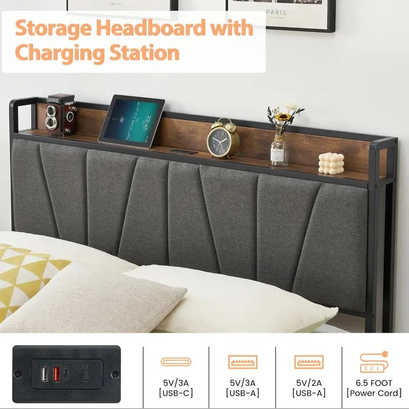 Full Size Bed Frame with 2 Storage Drawers, Linen Upholstered Platform Bed Frame with Storage Headboard And Charging Station, Heavy Duty, Easy to Assemble, No Box Spring Needed