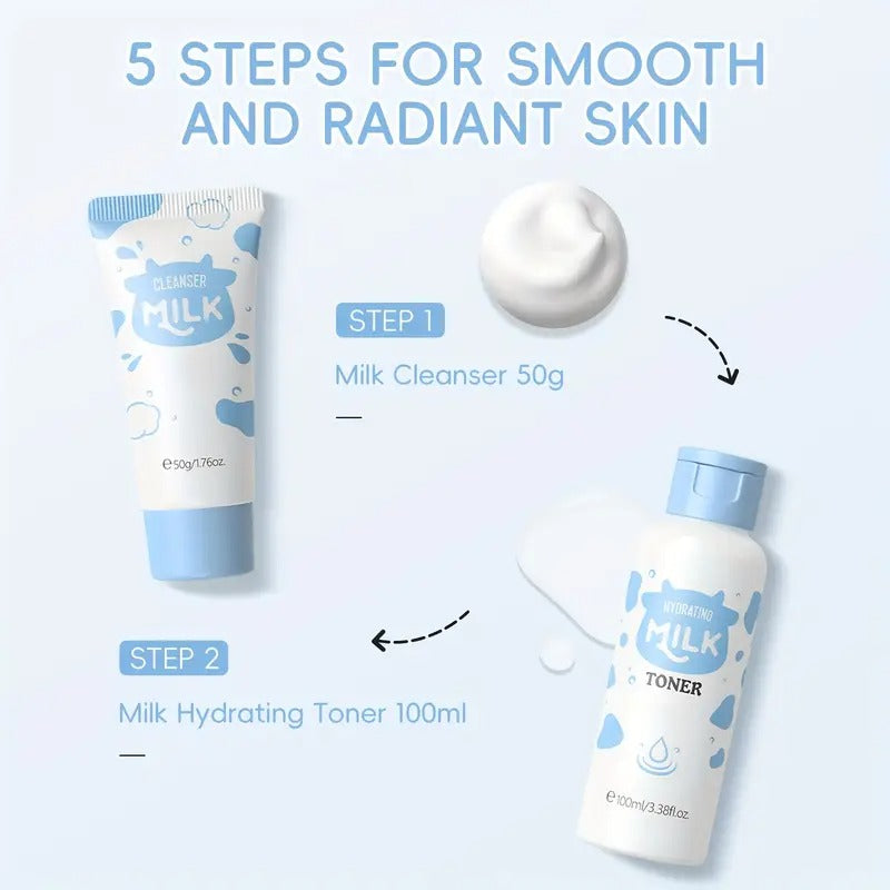 Milk Light Beige Care Set, Light Beige Care Routine Kit for Women, Travel Size Skincare Set with Milk Cleanser, Toner, Serum, Eye Cream, Face Cream, Skincare Gift Set, Mother's Day Christmas Birthday Gifts for Women Men