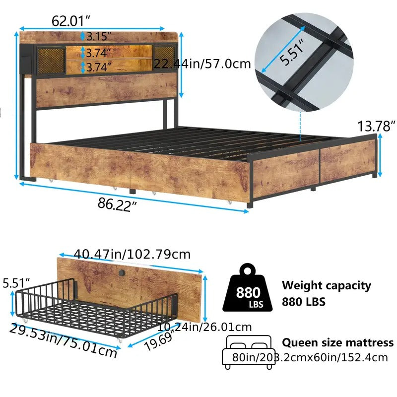 Queen Bed with 4 Storage Drawers, Queen Size Bed Frame with 3-Tier Storage Headboard, No Box Spring Needed