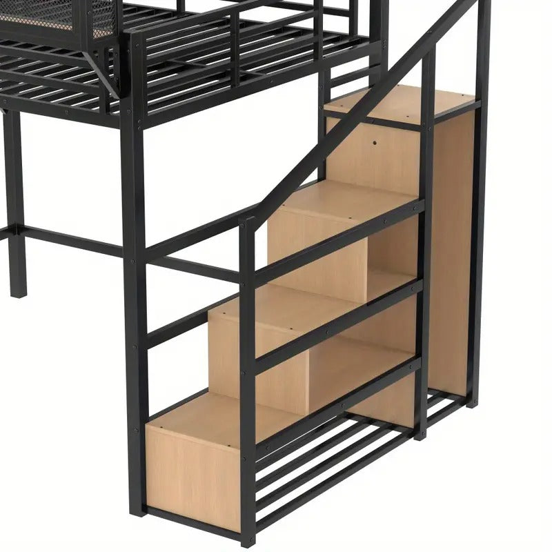 Queen Loft Bed with Built-in Wardrobe, Storage Stairs, Shelves - Heavy-Duty Metal Frame Loft Bed with USB Ports, Noise-Reducing Design, Space-Saving Bed Frame for Adults/Teens - Natural Wood finish