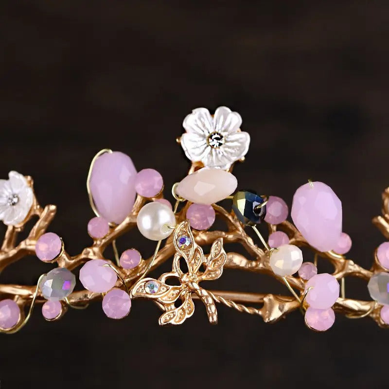 Pink Bridal Tiara Headband with Floral Gemstone Accents & Golden-Tone Metalwork - Elegant Wedding Hair Accessories for Brides, Prom, Special Occasions, Bride Accessories, Prom Hairpiece, Delicate Craftsmanship