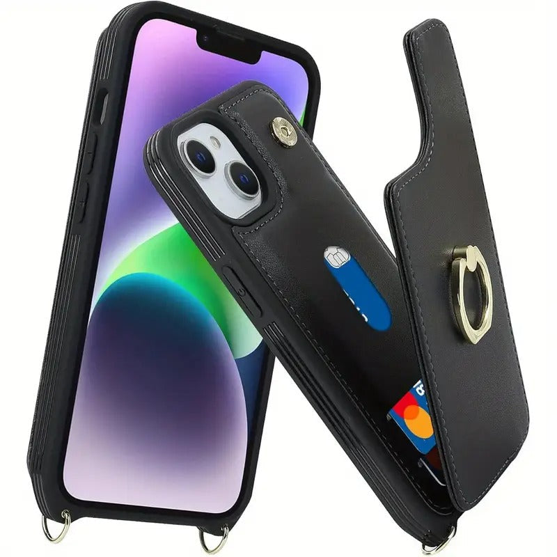 For Iphone 14 Case Designed for Women Featuring a Card Holder And Strap, Includes a Crossbody Lanyard, Ring Stand, Snap Clasp, And Fits 6.1 Inch Phones (Black).