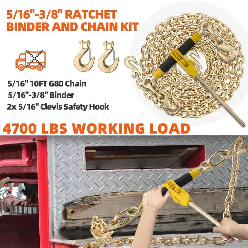 Ratchet Load Binders and Chains Set | 4700lbs WLL 5/16"x10FT G80 Transport Tow Chain | Detachable 5/16"-3/8" Chain Binders Ratcheting | 2 Latch Hook |18800lbs Break Strength for Truck Trailer Tie Down