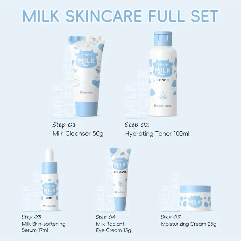 Milk Light Beige Care Set, Light Beige Care Routine Kit for Women, Travel Size Skincare Set with Milk Cleanser, Toner, Serum, Eye Cream, Face Cream, Skincare Gift Set, Mother's Day Christmas Birthday Gifts for Women Men