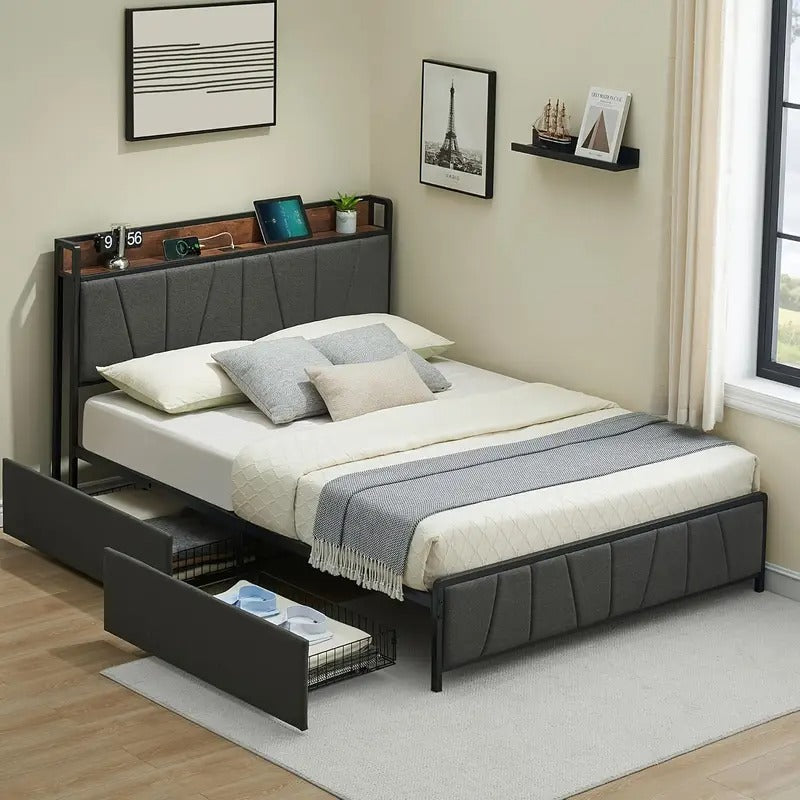Full Size Bed Frame with 2 Storage Drawers, Linen Upholstered Platform Bed Frame with Storage Headboard And Charging Station, Heavy Duty, Easy to Assemble, No Box Spring Needed