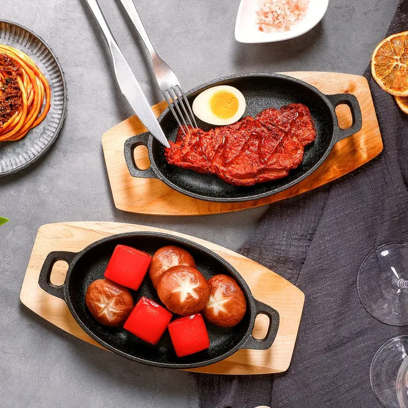 Set of 4 Cast Iron Mini Oval Serving Dish Pans with Wooden Base 8oz Mini Cast Fajitas Iron Small Iron Skillet Dishes Black Little Pans Skillets for Baking Roasting (8.7 x 4.7 x 1.6 Inch)